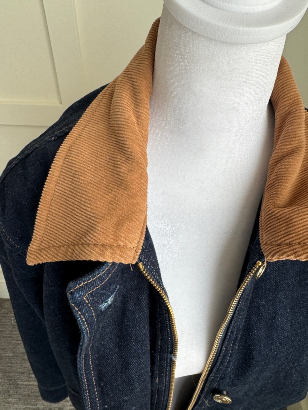 Reformation Navy Denim Field Jacket with Brown Corduroy Collar - Picture 6 of 12